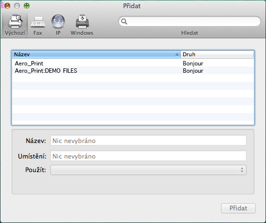 Systém Mac OS pro produkt EX/i Print Server 44 1 Klikněte na ikonu Výchozí v dialogovém okně. Je zde uveden seznam názvů tiskáren s výchozím připojením. Poznámka: Tisk SMB není v systému Mac OS X v10.