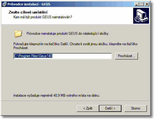 8 GEUS 14.0 V dalším kroku zobrazí program základní informace k instalaci produktu. Pokračujte stisknutím [Další >]... V dalším kroku máte možnost změnit cestu, kam bude program instalován.