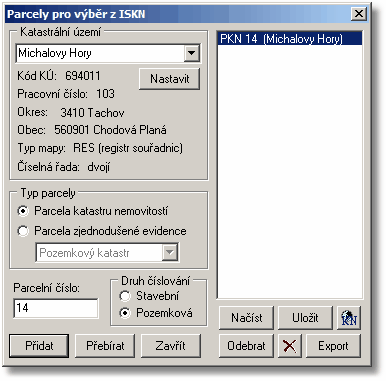 Změny v grafické části 25 Vytvoření souboru pro zaslání žádosti o data na KÚ se provede tlačítkem Export. Ukládání souboru se provádí ve standardním dialogu Windows pro uložení souboru.