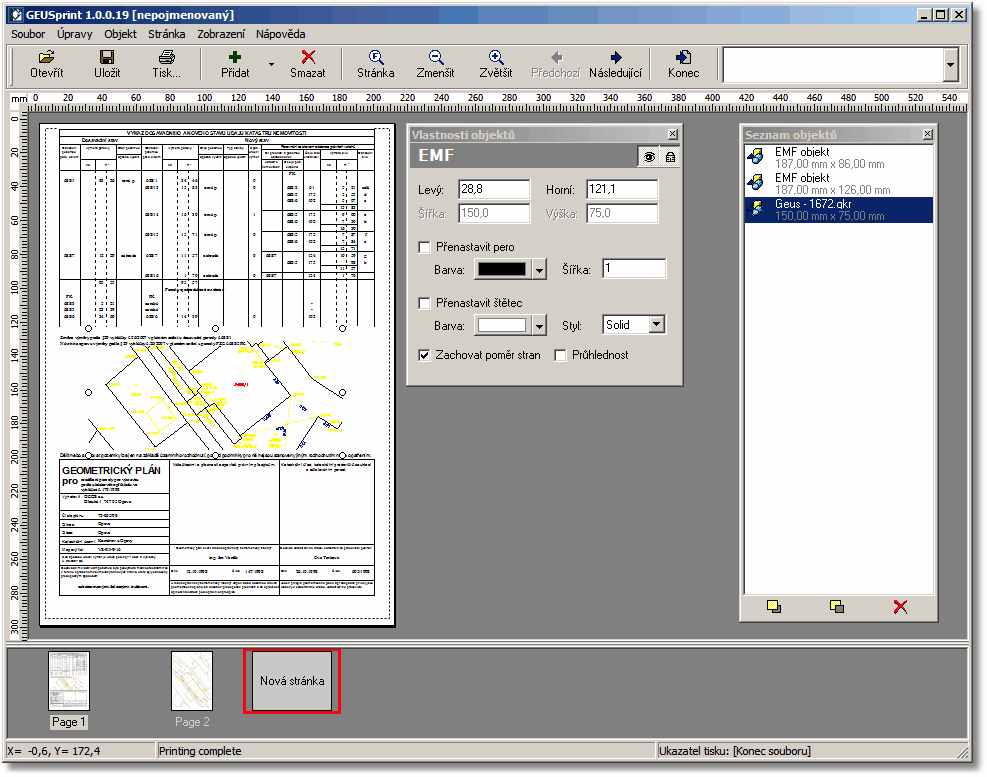 32 GEUS 14.0 6.2 Princip programu GEUSprint přijímá "tiskové objekty" z programů GEUS a GEOMETR. Jedná se vlastně o grafické objekty ve formátu EMF (standardní vektorový formát Windows).