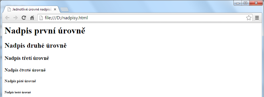 Používání HTML a návrh webu Nadpisy Nadpisy vytváří logickou strukturu textu a celého dokumentu. V jazyku HTML je definováno šest úrovní nadpisů, pro které se používají párové značky <H1> až <H6>.