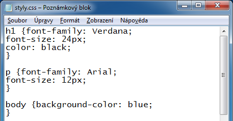 nastavení na stránce (Embedded styl) tento styl nastavuje pravidla na celé stránce. Pro přiřazení pravidla se používá značka <STYLE>, která se vkládá do hlavičky HTML dokumentu.