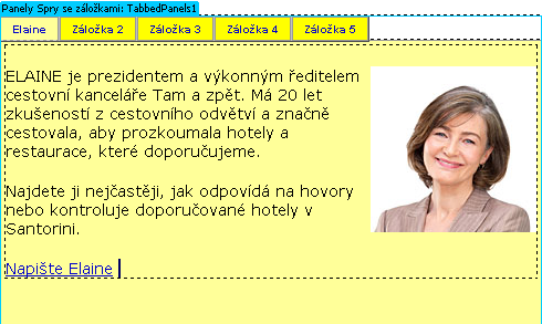 Značka <div.profil) s popisem Elaine se nyní zobrazuje jako obsah první záložky. Protože informace o Elaine byly vyjmuty z předchozího umístění, profil Lindy se posunul nahoru a do strany. 10.