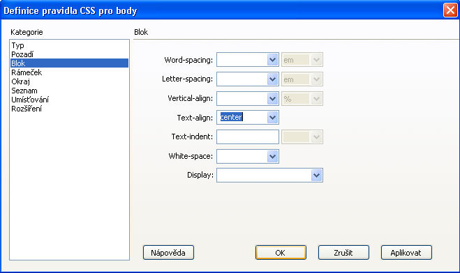 5. V zobrazeném dialogu vyberte v roletce Typ selektoru volbu Tag (předefinuje element HTML)" V poli Název selektoru vyberte body" nebo napište body.