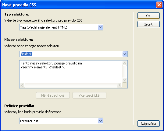 10. V panelu Styly CSS klepněte na ikonu Přidat nové pravidlo. 11. V zobrazeném dialogu v roletce Typ selektoru vyberte volbu Tag (Předefinuje element HTML).