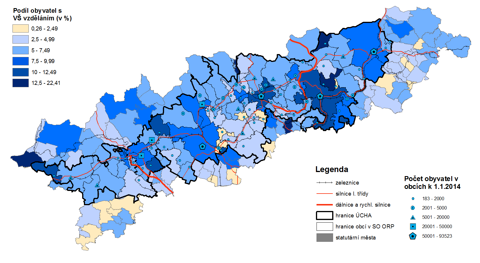 Mapa 9: Podíl obyvatel s vysokoškolským vzděláním