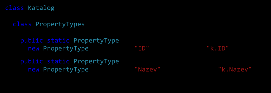 Obr. 43 Definice tříd PropertyType a Property Dříve bylo řečeno, že vlastnost (třída Property), obsahuje dvě základní vlastnosti: název a SQL výraz.