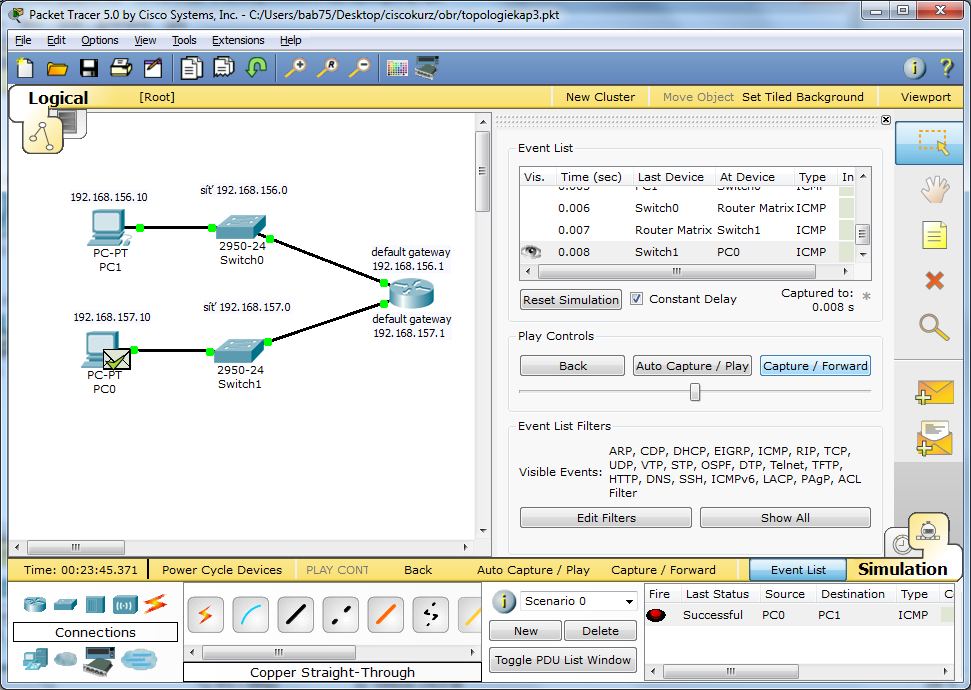 Směrovací TABULKA A NASTAVENÍ statické cesty 33 3.2 Simulace reálného provozu v programu Packet Tracer Řešený příklad 3.