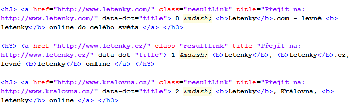 Obrázek 15: HTML kód prvních tří výsledků Seznam.cz, který parsujeme pomocí regulárních výrazů.