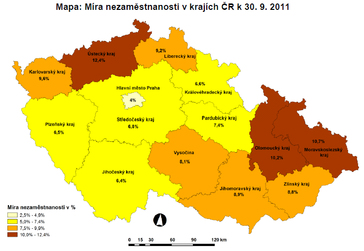 Sborník závěrečných prací projektu Aplikovatelný systém dalšího vzdělávání ve VaV Obrázek 1: Míra nezaměstnanosti v krajích ČR k 30. 9.