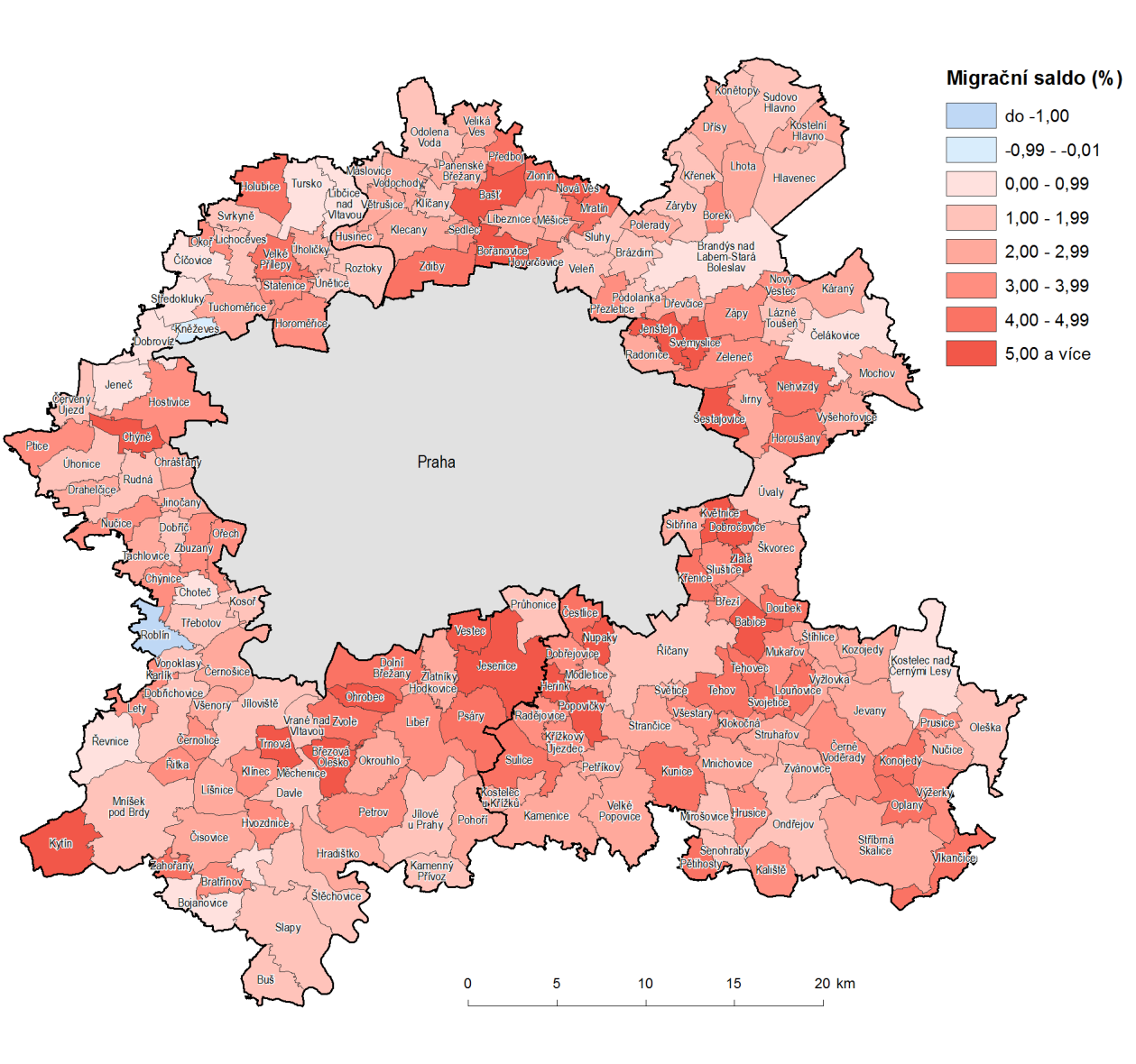 Obrázek 3: Migrační saldo (v %) v obcích v okresech Praha-východ, Praha-západ za