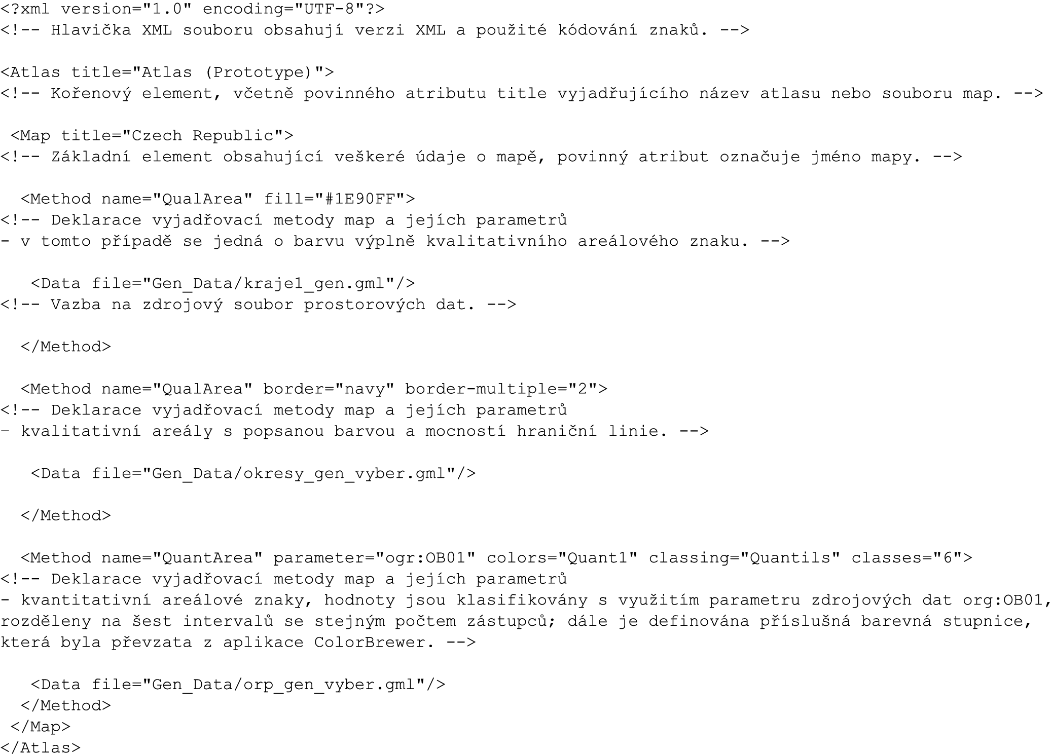 Obr. 2 Ukázka řídícího souboru zapsaného pomocí XML V současnosti jsou k dispozici vyjadřovací prostředky map zaměřené na diskrétní kvalitativní a kvantitativní areálové znaky.