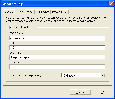 E-mail Global settings Nastavení parametrů POP serveru, z něhož