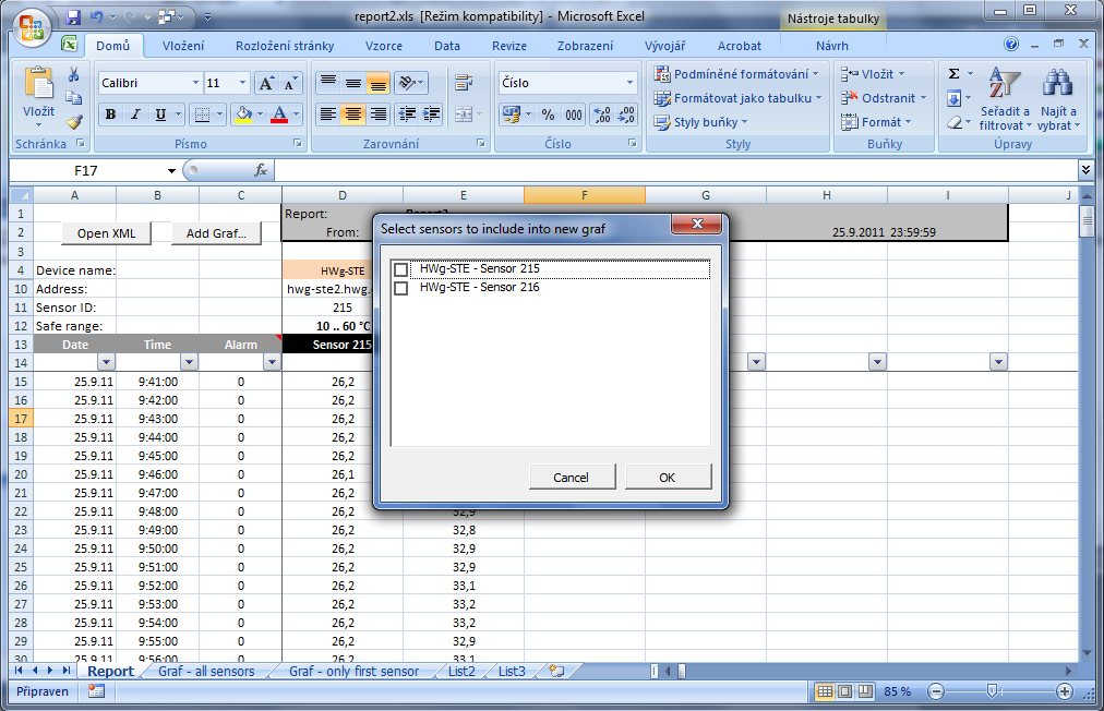 MS Excel musí mít povoleno zpracování maker. Standardně jsou k dispozici listy Report, Graf - all sensors a Graf - only first sensor.