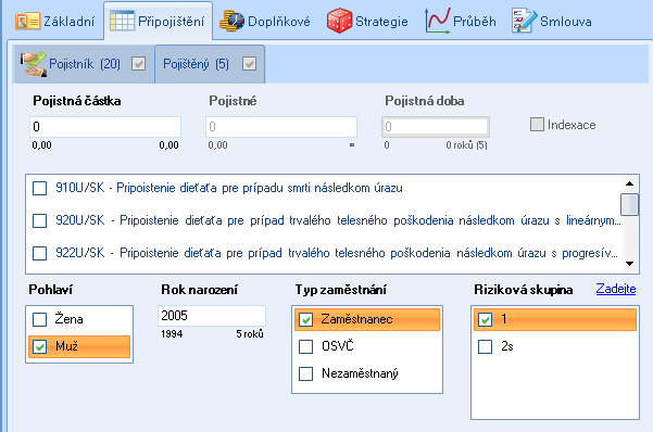 Rok narození - zadá se rok narození pojištěného. Pohlaví - klepnutím na zaškrtávací tlačítko se vybere pohlaví pojištěného.