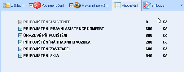 Poznámka Pro zahrnutí modelace havarijího pojištění je nutné aktivovat záložku zaškrtnutím tlačítka vedle názvu záložky v horní části záložky. Připojištění Obrázek 5.6.