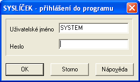 Začínáme 3 Spuštění programů Pokud jste nastavili všechny potřebné parametry, můžete učinit rozhodující krok a spustit program SYSLÍČEK. Po spuštění se vás program zeptá na uživatelské jméno a heslo.