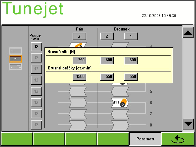 C D Změna parametrů počtu otáček Po stisknutí tlačítka "Parametry" se otevře další okno, v němž lze kontrolovat resp. měnit brusnou sílu a počet otáček brusných agregátů.