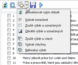 Obsluha programu 4.1.2.2 15 Vlastní výběr otázek Vlastní výběr otázek umožňuje uživateli vybrat libovolný počet otázek. Zatržením čtverečku otázky provádíte výběr otázky.