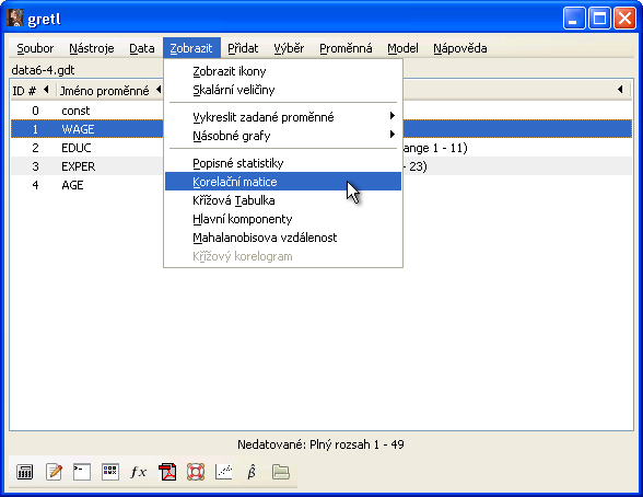 26 Model vícenásobné regrese Obrázek 3.6: Zobrazení korelační matice. v Gretlu získáme, když z hlavní nabídky Gretlu vybereme záložku Zobrazit > Korelační matice [View > Correlation matrix] (obr. 3.6).