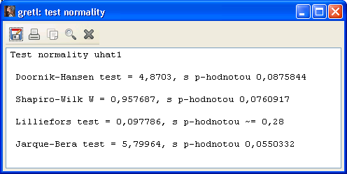 40 Testování klasických předpokladů Obrázek 4.1: Výsledky testů normality reziduí. statistics] (mj. zde můžeme ověřit nulovost střední hodnoty reziduí).