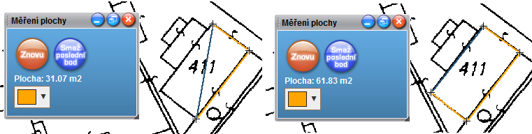 Měření vzdálenosti se provádí postupným klikáním do mapy. Vzdálenost je možno změřit jak mezi dvěma body, tak i pro délku trasy s více označenými body na této trase.