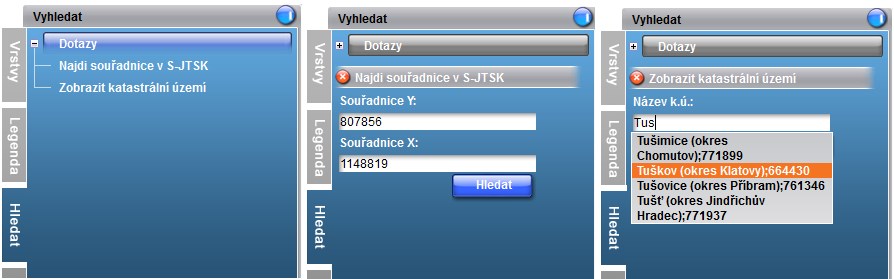 souřadnic a vyhledávání katastrálního území.