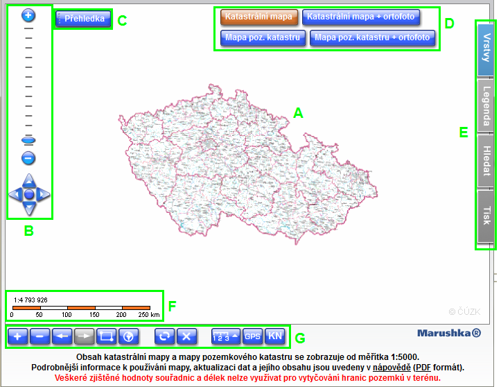 Mapové okno Mapové okno se skládá z těchto částí: Obrázek 2: Zvýraznění nemovitostí na mapě A Vlastní výřez mapy B Grafické ovládání mapy (posun a změna měřítka) C Přehledka D Přepínače mapových