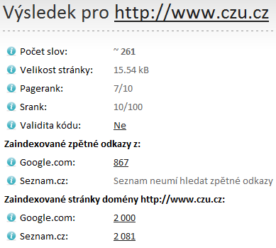 Online aplikace hodnotící SEO v praxi Obrázek 5: dostupné obecné informace o analyzované URL - seoinspektor.