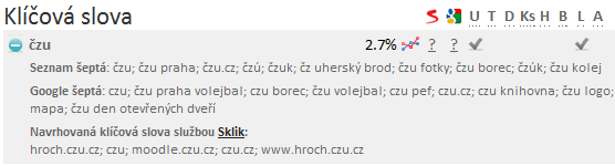 Online aplikace hodnotící SEO v praxi Obrázek 9: Údaje z našeptávačů vyhledávačů v aplikaci seoinspektor.