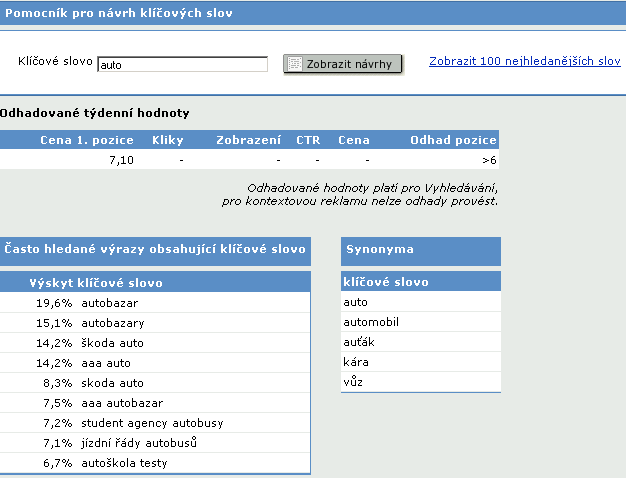 Jestliže klikneme na tlačítko Upravit ceny za klik zobrazí se nám tato stránka : Obrázek 29: Úprava CPC Na této stránce si můžeme přednastavit ceny za proklik u jednotlivých klíčových slov.