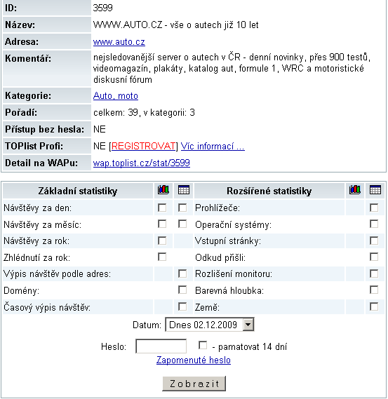 Zobrazení statistik na Toplist : Obrázek 71: Statistiky na Toplistu 4.8 Navrcholu.cz Systém Navrcholu.cz nabízí, tak jako Google Analytics a Toplist statistiky přístupů uživatelů.