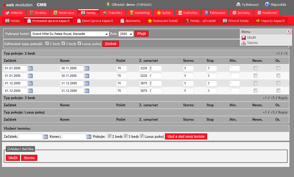 3. Editace ubytovacích kapacit Aplikace poskytuje dva základní režimy editace ubytovacích kapacit: Hromadná úprava kapacit, kdy se jednotlivé kapacity a k nim příslušné ceny zadávají současně pro