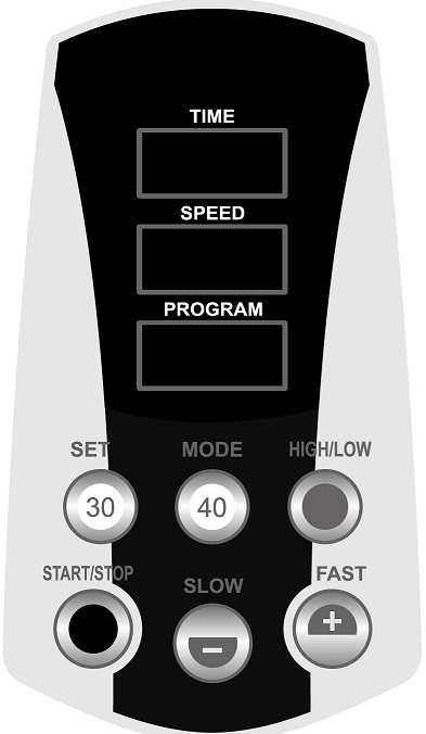 P01-P18, PU01-PU03(PU01 displays next P18) Button Operation START STOP Push this button when start and stop the machine During workout Push the button vibration speed increases Before workout Push