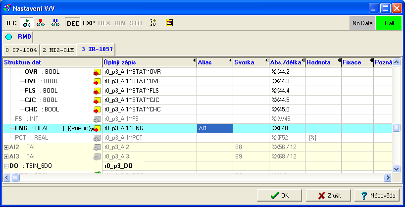 Tab. 1 Zapojení svorkovnice rozhraní PLC/ Meteorologické stanice Parametry GND I/O 0 I/O 1 I/O 2 I/O 3 GND teplota směr větru vlhkost vzduchu Rozsah 0-10 V 4 bity/0-10 V atmosférický tlak 0-10 V 0-10