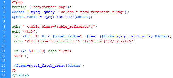 5.5.1.1 Zobrazení referencí Na obrázku č. 37 je zobrazen náhled reference firem, které si můţe návštěvník prohlíţet. Data jsou obsaţena v databázi, odkud se pomocí PHP kódu zobrazují. Na obrázku č. 38 je zobrazen samotný kód.