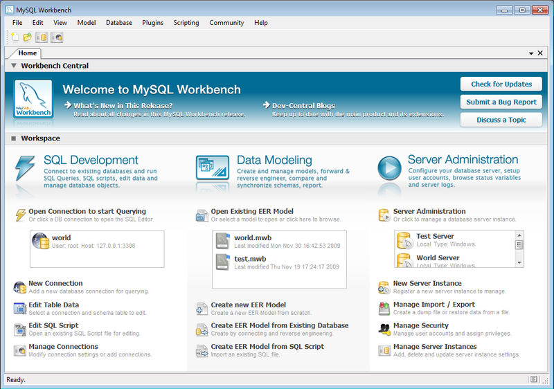 Obrázek 11: MySQL Workbench ve Windows zobrazující úvodní stránku Zdroj: http://en.wikipedia.org/wiki/file:mysqlwb-homepage.