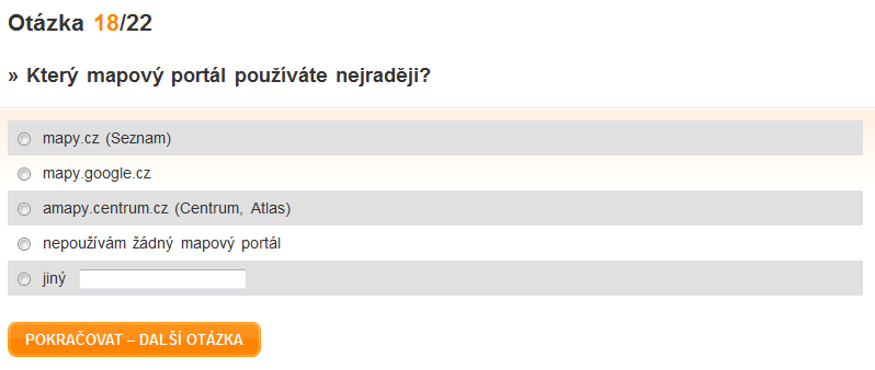 ZJIŠŤOVANÁ CHARAKTERISTIKA: Znalost uživatelů ohledně mapových portálů a jejich preference. POPIS: Jde o standardní faktickou zjišťovací otázku.