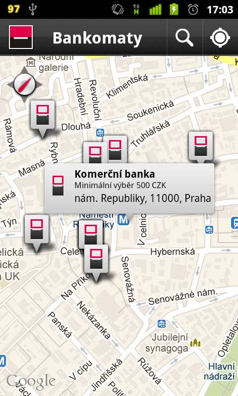 Pro bankomaty Komerční banky se dále zobrazuje: časová dostupnost bankomatu nabízené služby bezbariérový přístup (Ano/Ne) dobíjení kreditu