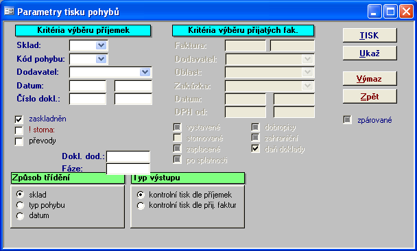 19 Analýza období párování příjemek 1.5.9.3 Přehled dle faktur Popis funkce je v přípravě... Tisk přehledů párování příjemek Analýza období párování příjemek 1.5.9.4 Tisk přehledů párování příjemek a katur Funkce vytiskne přehled příjemek a faktur dle kritérií výběru, způsobu třídění a zvoleného typu výstupu.