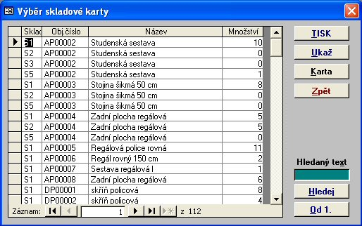 52 Okno výběru skladové karty Poznámky k použití Řazení řádků Jednotlivé řádky historie pohybů jsou na skladové kartě řazeny podle data pohybu sestupně.