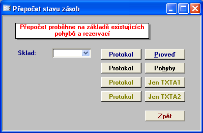 54 Administrace skladu 1.14 Administrace skladu Administrace skladů zajišťuje údržbu dat ve skladech jako je přepočet stavu zásob, uzávěrku skladů, skladovou inventuru apod. 1.14.1 Přepočet stavu zásob Funkce přepočítá stav zásob na skladových kartách.