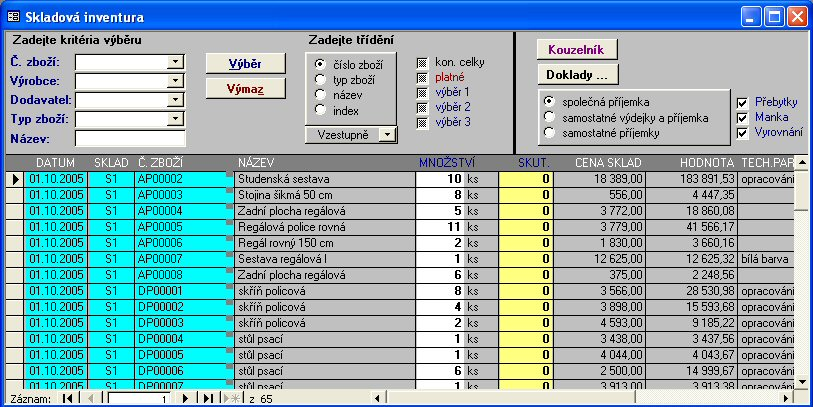 56 1.14.3.2 Ovladací prvky Tlačítko Vytvoř provede skladovou inventuru a zapíše se jako řádek inventury skladových zásob.