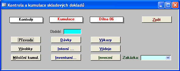 59 Ovládací prvky karty kontroly PŘEVODY VÝROBKY MĚSÍČNÍ KUMUL Zobrazí protokol výsledku kontroly skladových dokladů převodů. Zobrazí protokol výsledku kontroly skladových dokladů výrobků.