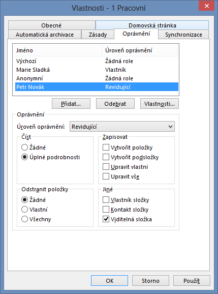 3 Kalendář 40 OBR. 2-18: DIALOGOVÉ OKNO VLASTNOSTI (SLOŽKY) KARTA OPRÁVNĚNÍ V poli Úroveň oprávnění vybereme Revidující.