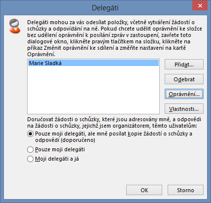 3 Kalendář 41 Delegace Petr Novák chce, aby Marie Sladká nejen viděla jeho složku Doručená pošta, ale aby také mohla jménem Petra Nováka odesílat poštu, např. odpovídat na zprávy.