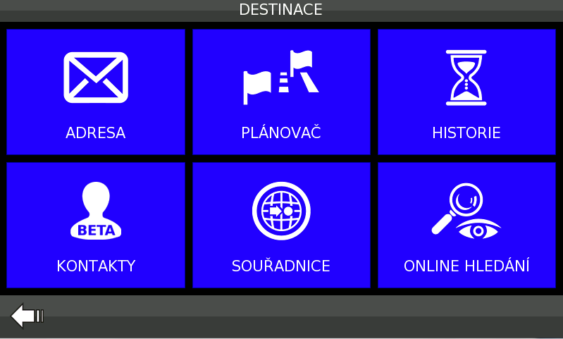 7. Destinace V hlavním menu klikněte na tlačítko Destinace. Otevře se nabídka možností výběru destinace.