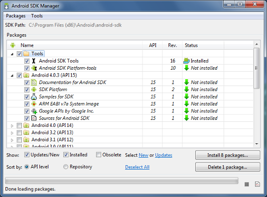 Strana29 13 Obr.5 SDK Manager ukazující nainstalované a dostupné nástroje SDK zahrnuje balíčky: SDK Tools obsahuje nástroje pro testování, ladění aplikací a další, které jsou nutné pro vývoj aplikace.