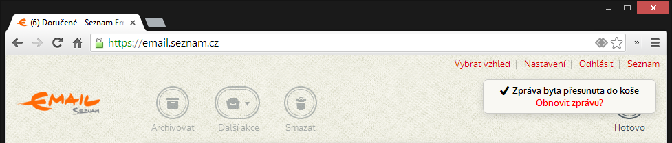 Obr. 42: Nový vzhled e-mailu od Seznam.cz Zpráva byla přesunuta do koše 5.2 Ikony Ikony s jasnou symbolikou nám pomáhají rychleji skenovat stránku a lépe se v ní zorientovat.
