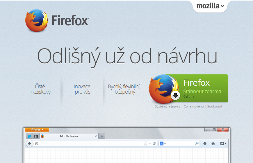 6.3 Velké tlačítko Obr. 59: Ukázka velkého tlačítka ke stažení na webu Firefoxu Díky několika řádkům a velké ikoně nevypadá tato velikost nepřiměřeně.